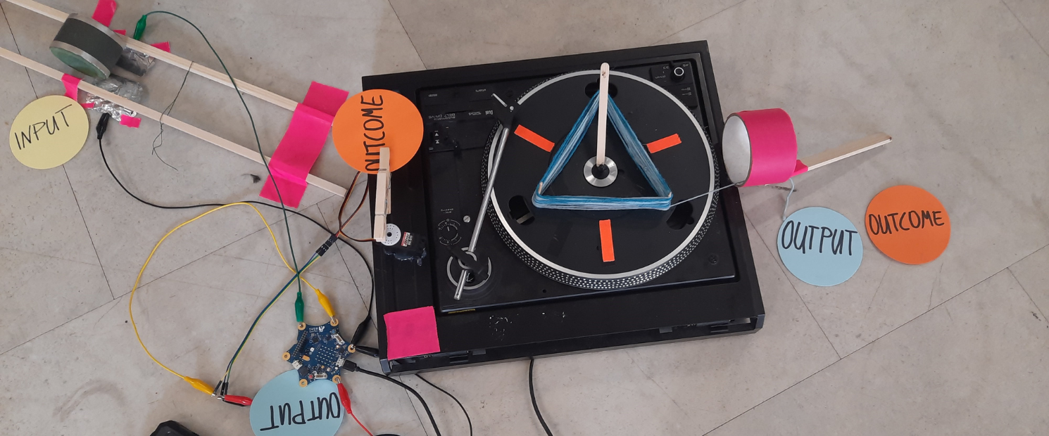 kaputter Plattenspieler, der als Objekt zur Veranschaulichung von WIrkung umgebaut wurde  